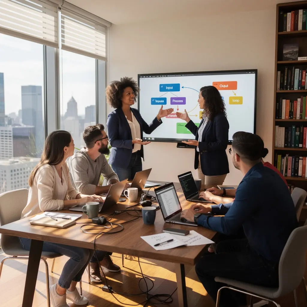 Студенты, работающие над проектом в группах с ноутбуками.